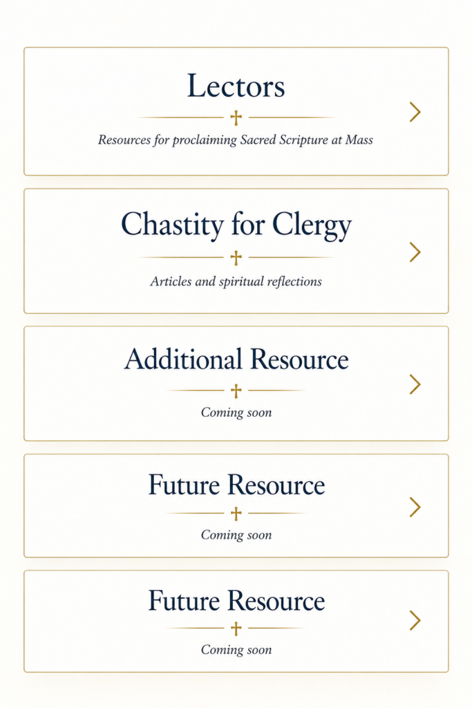 Vertical list of resource cards with gold borders and blue serif titles: Lectors; Chastity for Clergy; Additional Resource (Coming soon); Future Resource (Coming soon).
