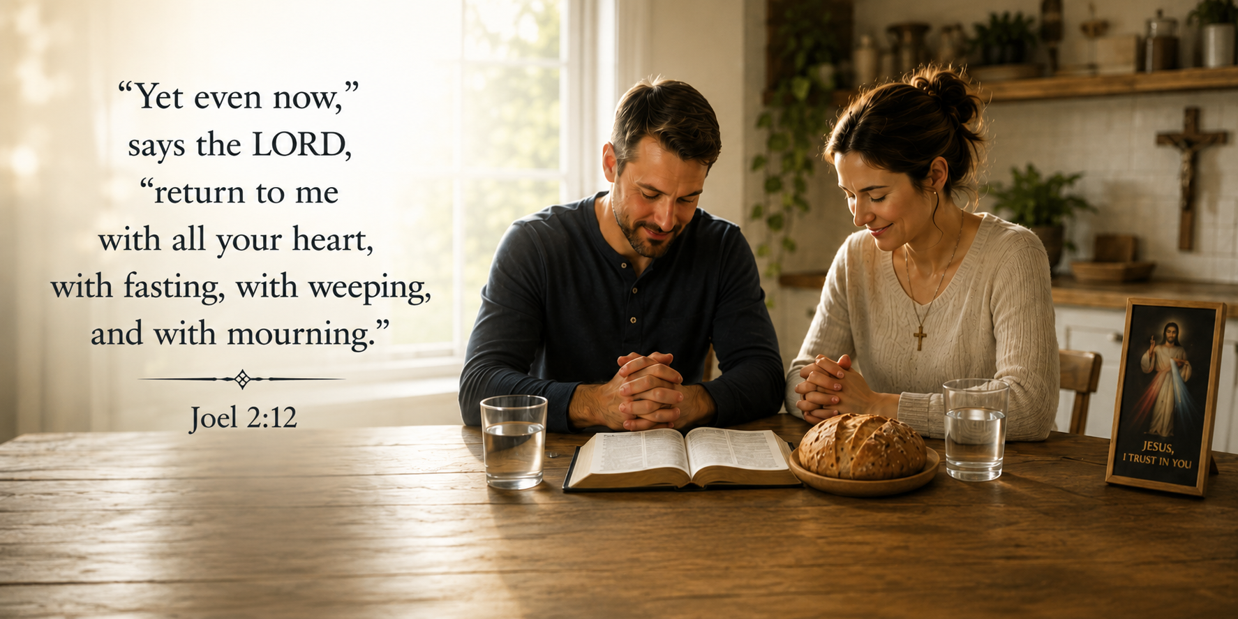 Couple praying at a wooden table with an open Bible, bread, and water glasses nearby; crucifix and framed Jesus image in the background.