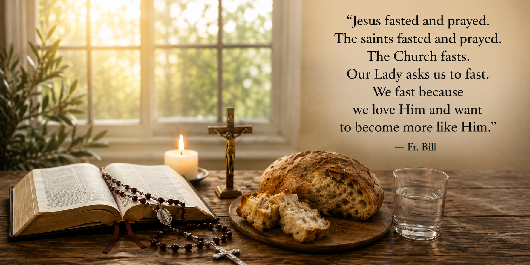 Devotional still life: open Bible with rosary, crucifix, bread loaf, candle, and a glass of water on a wooden table in sunlight near a window, with a church quote text on the wall.