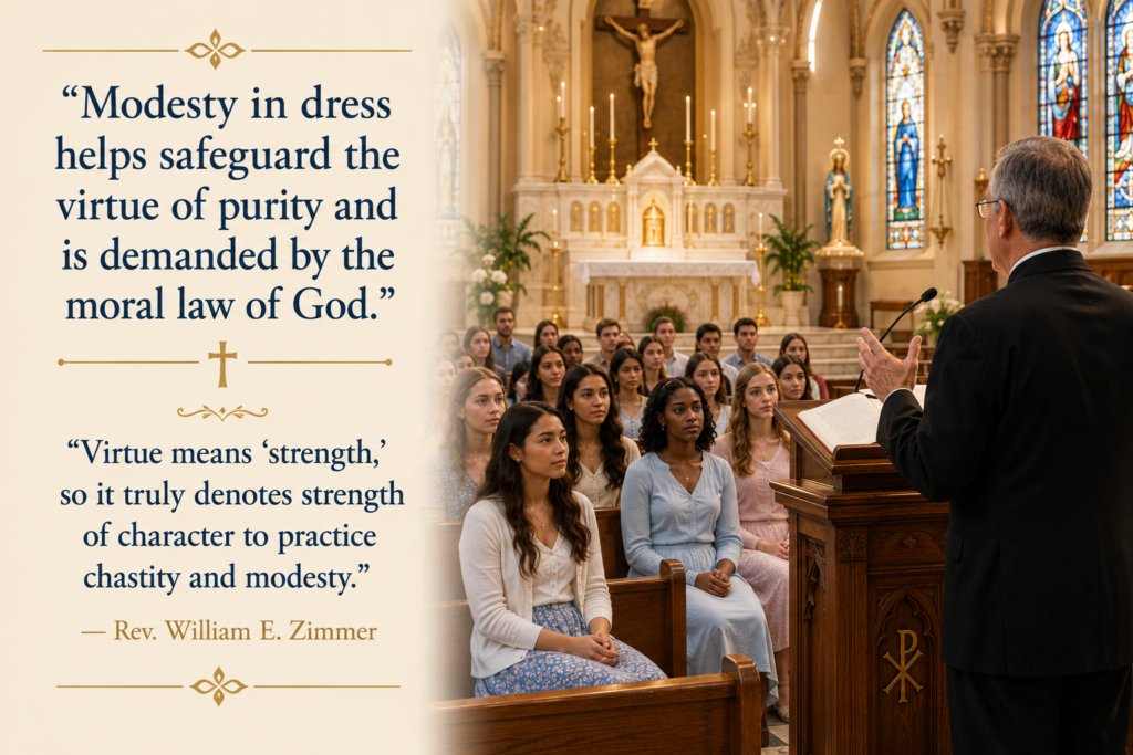 Left panel features a beige background with a religious quote about modesty and virtue, attributed to Rev. William E. Zimmer; right side shows a preacher at a wooden pulpit addressing a diverse group of young women in a church.