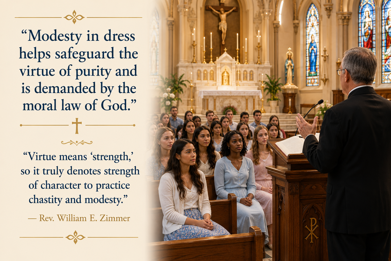 Left panel features a beige background with a religious quote about modesty and virtue, attributed to Rev. William E. Zimmer; right side shows a preacher at a wooden pulpit addressing a diverse group of young women in a church.