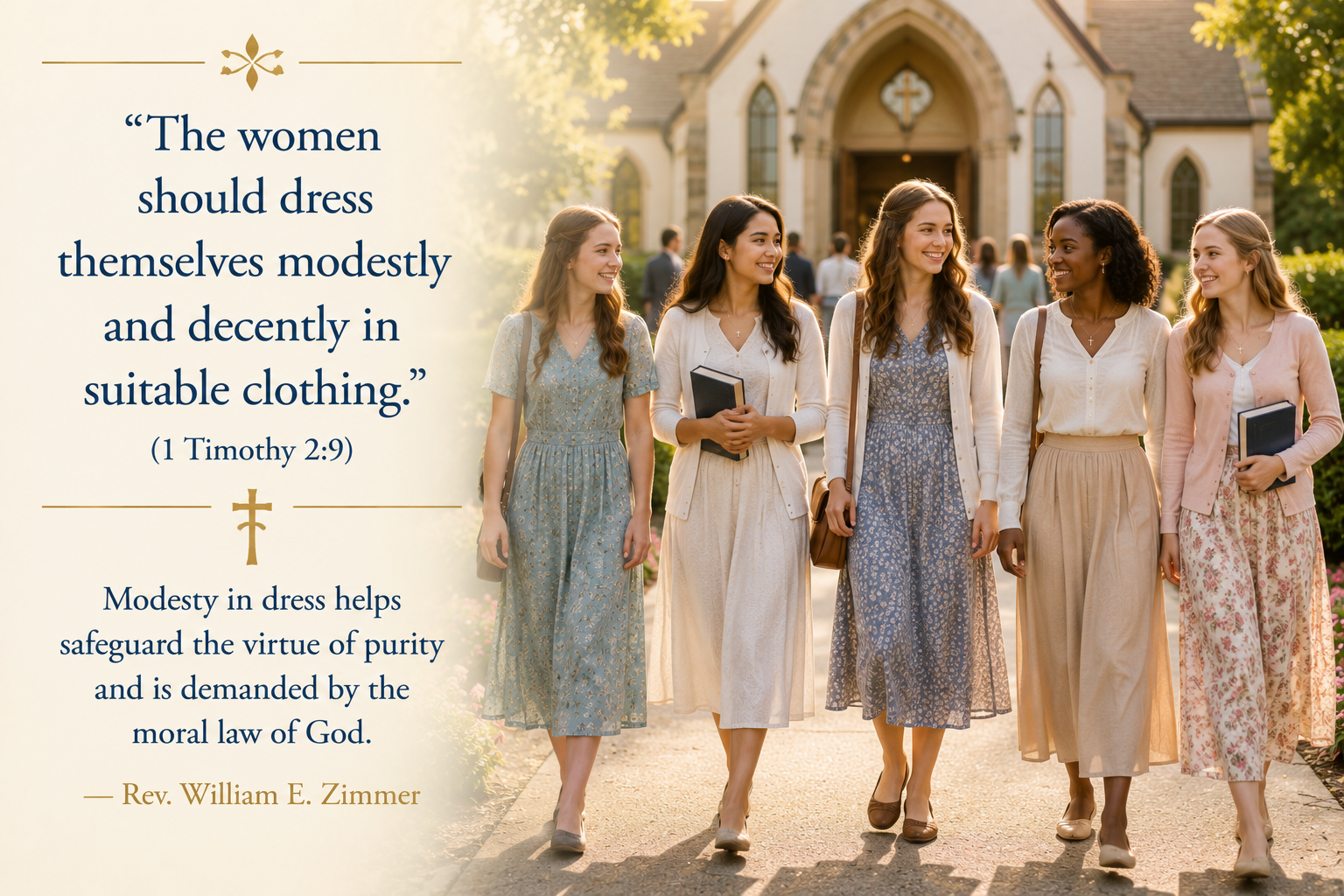 Five women in pastel dresses walk outside a church while a decorative left-side quote discusses modest dress (1 Timothy 2:9). -or- Left panel shows a quote about modesty beside a church scene with five women walking.