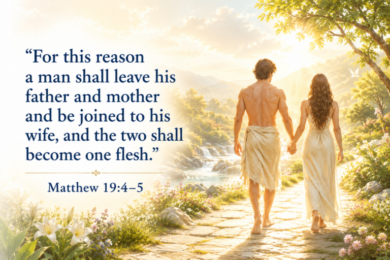 Quote from Matthew 19:4–5 on a sunrise background as a shirtless man and a woman in light robes walk hand in hand along a stone path in a lush garden.
