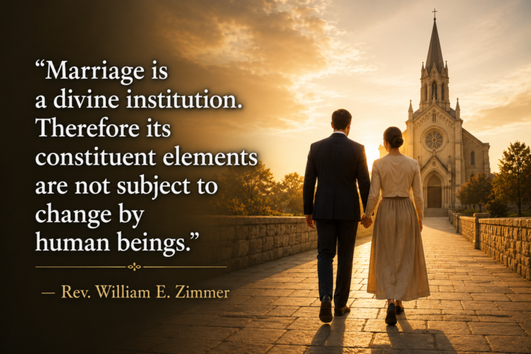 Couple holding hands and walking toward a church at sunset, with the quote about marriage by Rev. William E. Zimmer overlaid.