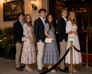 Six young adults in semi-formal attire posing outside a club entrance at night, with a velvet rope barrier nearby.