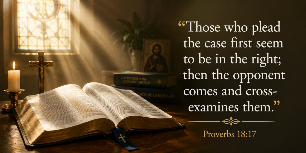 Open Bible on a wooden table with a lit candle, crucifix, icon, and stacked theology books beside a Proverbs 18:17 quote on the right.