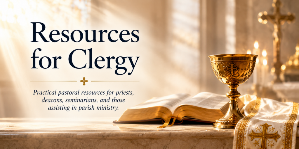 Gold chalice and open Bible on a church altar with the headline 'Resources for Clergy'