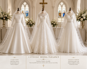 Three wedding dresses on mannequins in a church setting with stained-glass windows and floral arrangements, advertising 'Catholic Bridal Elegance'.