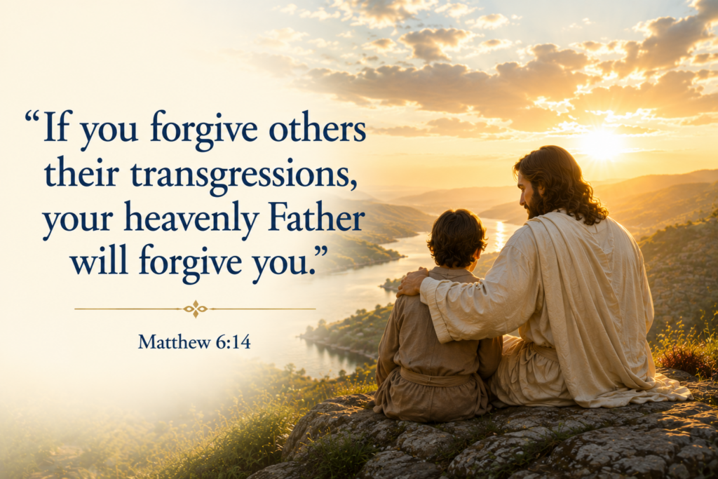 Quote from Matthew 6:14: 'If you forgive others their transgressions, your heavenly Father will forgive you,' over a sunset view with a father and child sitting on rocks overlooking a valley at dusk.
